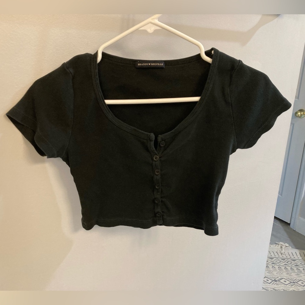 Brandy Melville Black Ribbed Short Sleeve Button up Crop Top